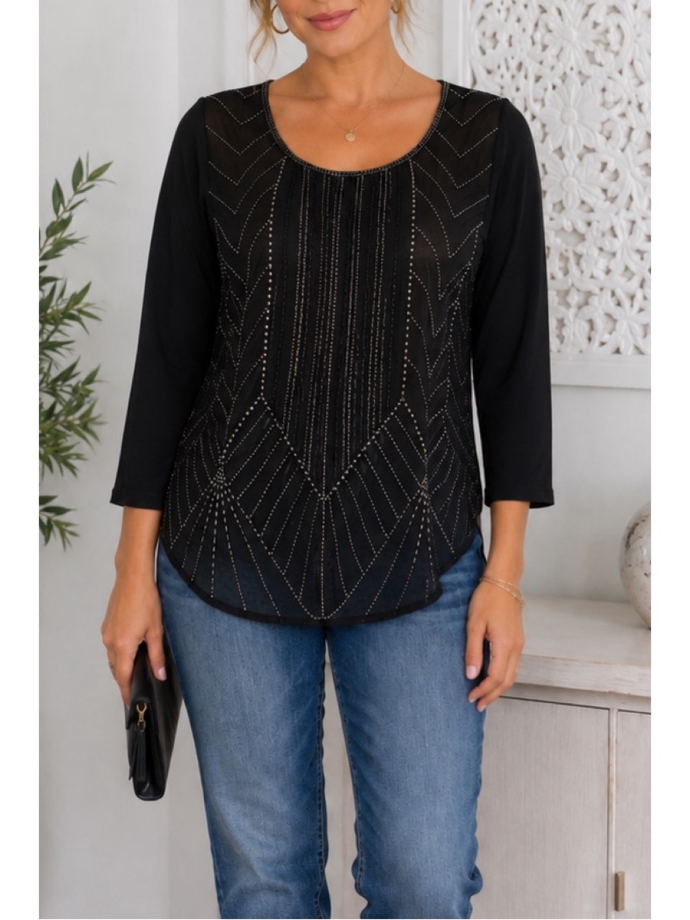 BKE black long-sleeve top features an elegant scoop neckline, beaded sheer front